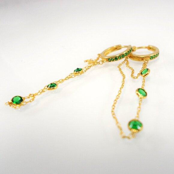 GABI RIELLE 14K Gold-Plated Sterling Emerald Crystal Dangle Pave Huggie Earrings - Picture 6 of 13